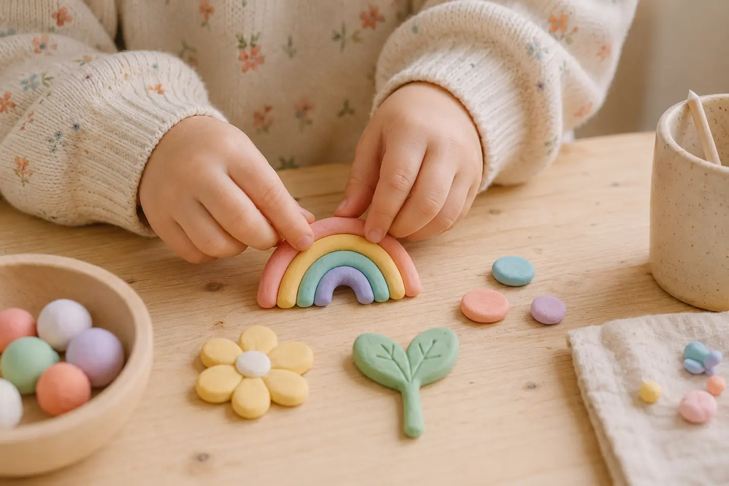 A child shaping a colourful clay rainbow during a creative activity
