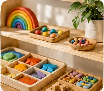 A bright classroom activity shelf with colourful learning materials