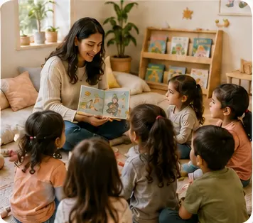 A teacher sharing a story with a small group of children