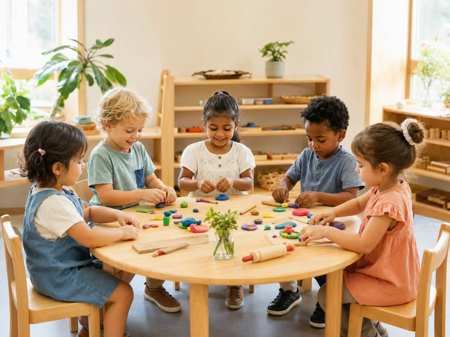 Children learning together through creative clay play in a warm classroom