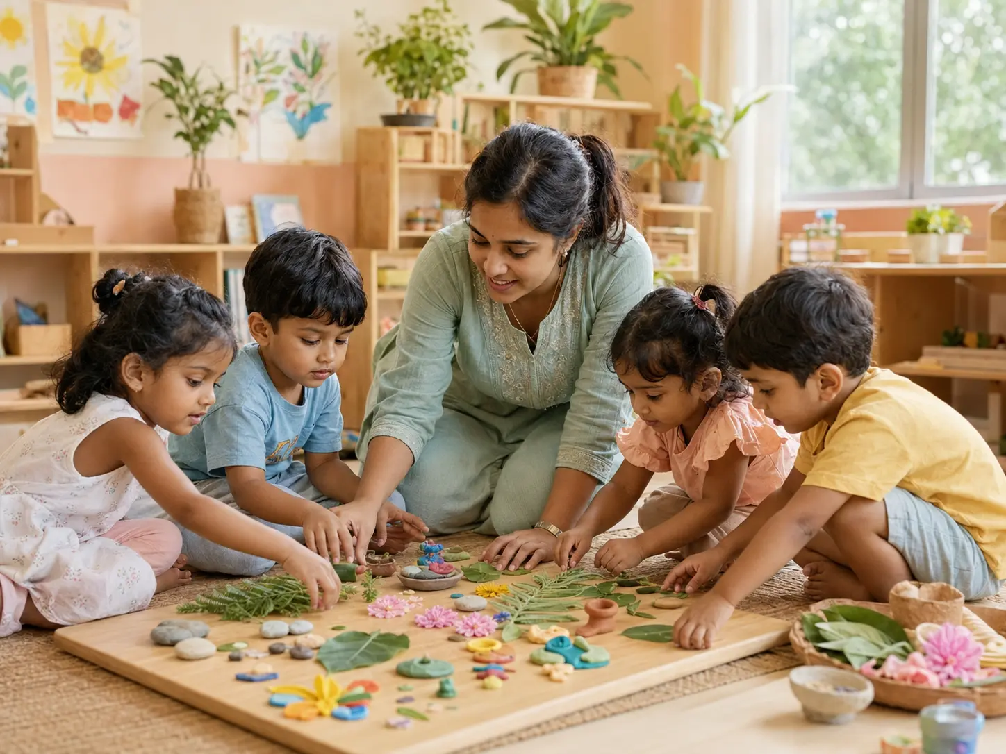 Four preschool children creating colourful paper-clay art with their teacher